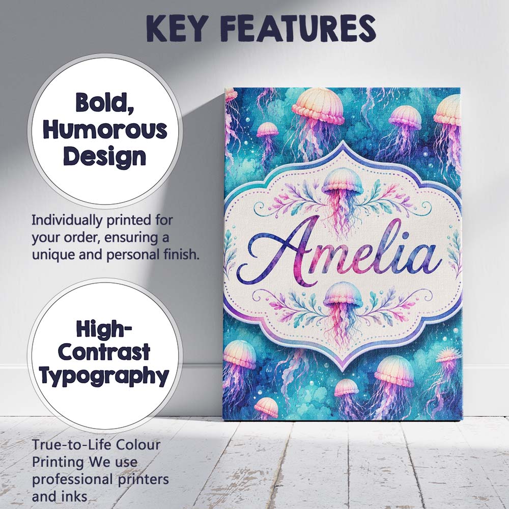 Personalised Name Dreamy Pink Jellyfish Custom  Modern Room Accent Elegant Feature Canvas Wall Art Print Decor Picture Ready to Hang