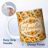 Personalized Custom Name Vintage Yellow Floral Botanical Seamless Pattern on Cream Lovely 11oz Ceramic Coffee Tea Mug White Large Handle