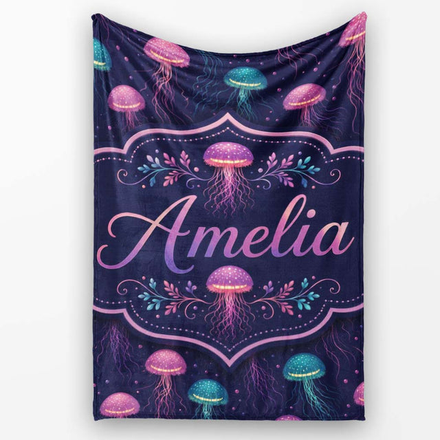 Jellyfish Floating on Deep Purple Ocean Background Marine Lovely  Personalised Custom Name Super Soft Fleece Blanket Bed Sofa Throw