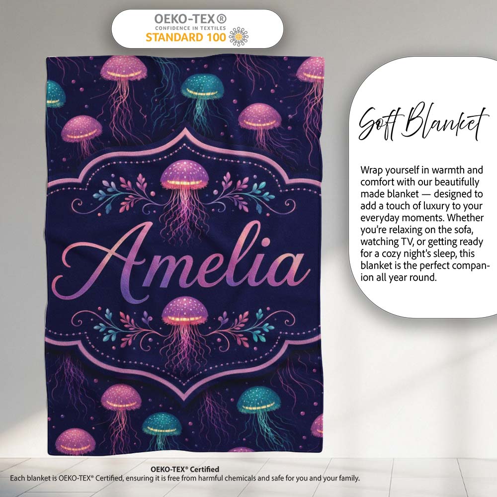 Jellyfish Floating on Deep Purple Ocean Background Marine Lovely  Personalised Custom Name Super Soft Fleece Blanket Bed Sofa Throw