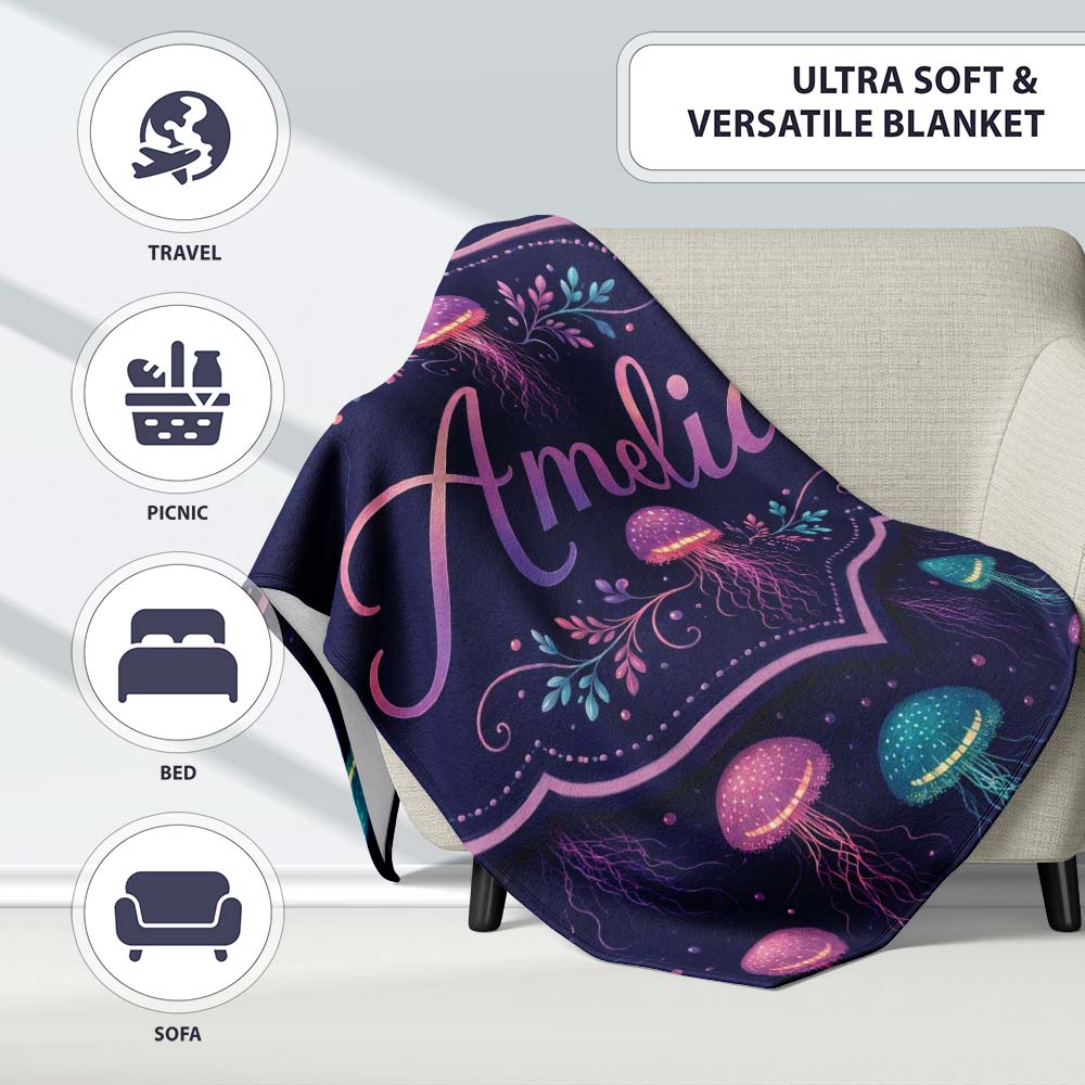 Jellyfish Floating on Deep Purple Ocean Background Marine Lovely  Personalised Custom Name Super Soft Fleece Blanket Bed Sofa Throw