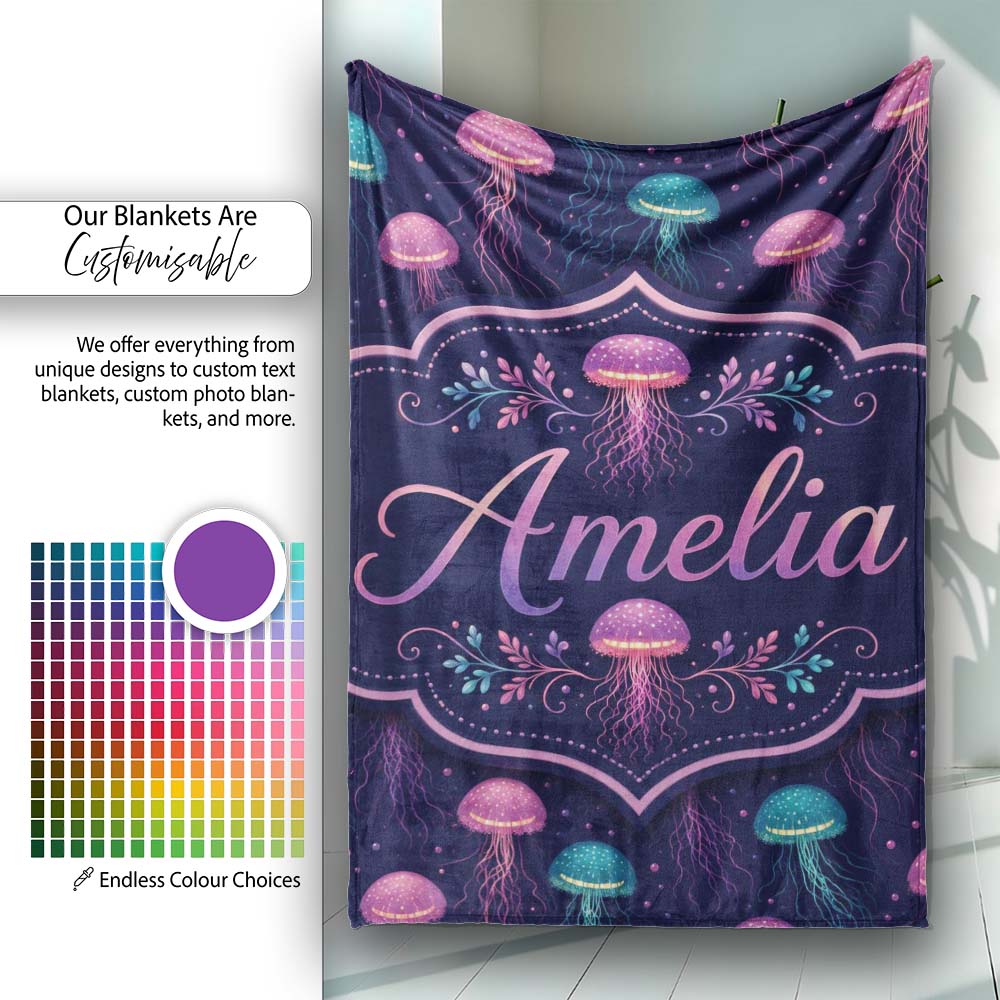 Jellyfish Floating on Deep Purple Ocean Background Marine Lovely  Personalised Custom Name Super Soft Fleece Blanket Bed Sofa Throw