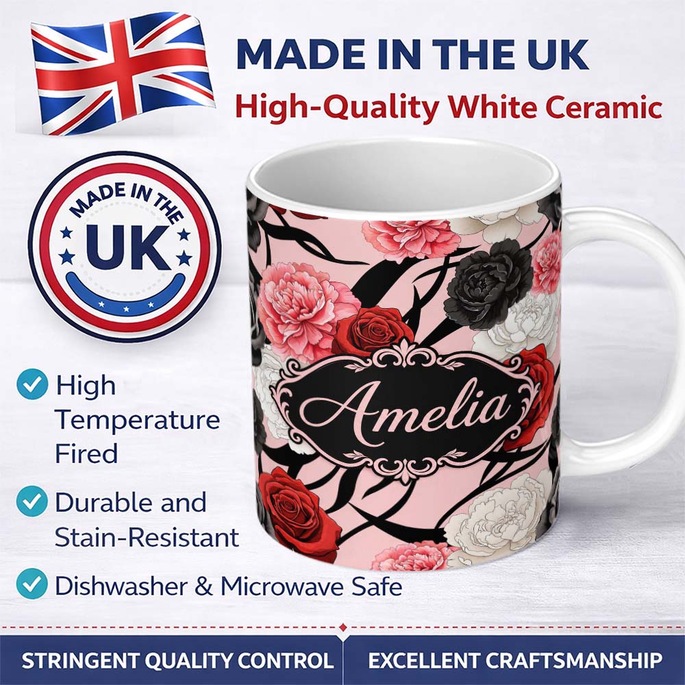 Personalized Custom Name Elegant Rose Floral with Black Red and White Flowers on Blush Pink 11oz Ceramic Coffee Tea Mug White Large Handle
