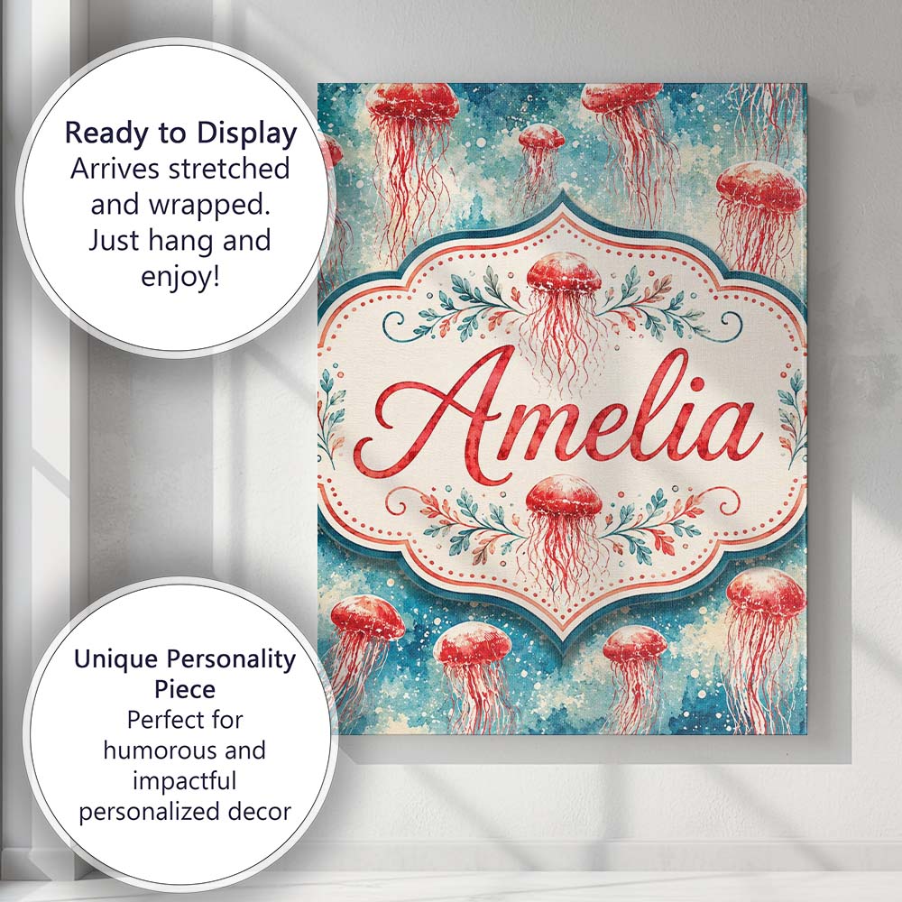 Personalised Name Watercolor Red Jellyfish Custom  Unique Gift Idea Elegant Feature Canvas Wall Art Print Decor Picture Ready to Hang