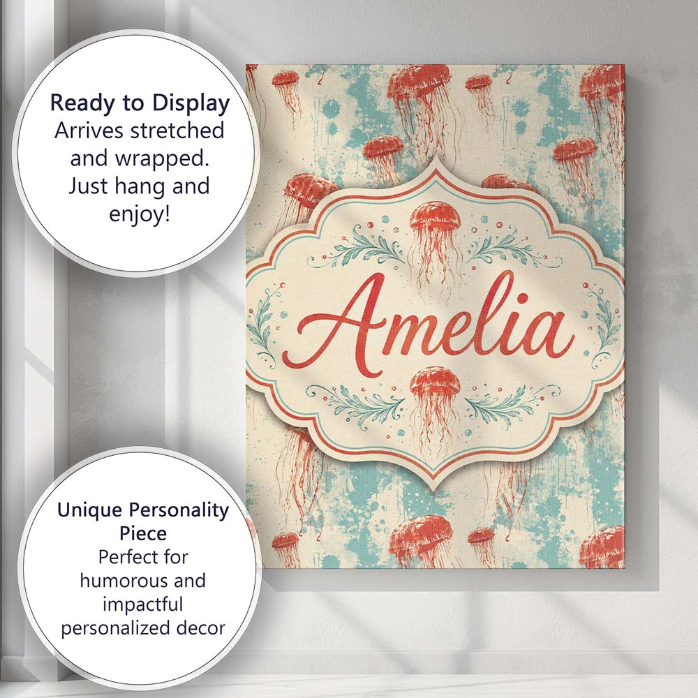 Personalised Name Red Jellyfish Illustration Custom Bespoke  Contemporary Display Canvas Wall Art Print Decor Picture Ready to Hang