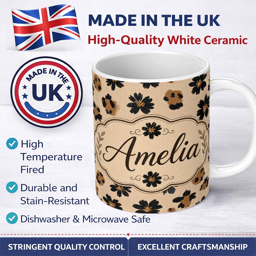 Personalized Custom Name Modern Minimal Floral and Leopard Mix Black FlowersTextured Beige 11oz Ceramic Coffee Tea Mug White Large Handle