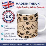 Personalized Custom Name Modern Minimal Floral and Leopard Mix Black FlowersTextured Beige 11oz Ceramic Coffee Tea Mug White Large Handle