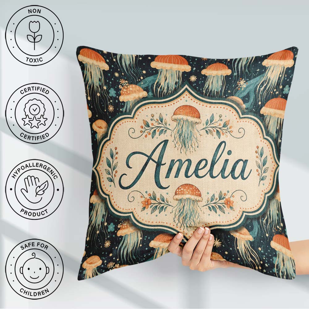 Custom Name Jellyfish with Flowing Tentacles on Dark Blue Lovely Square Filled Cushion Throw Pillow Sofa Bed Home Decor Zip Washable UK Made