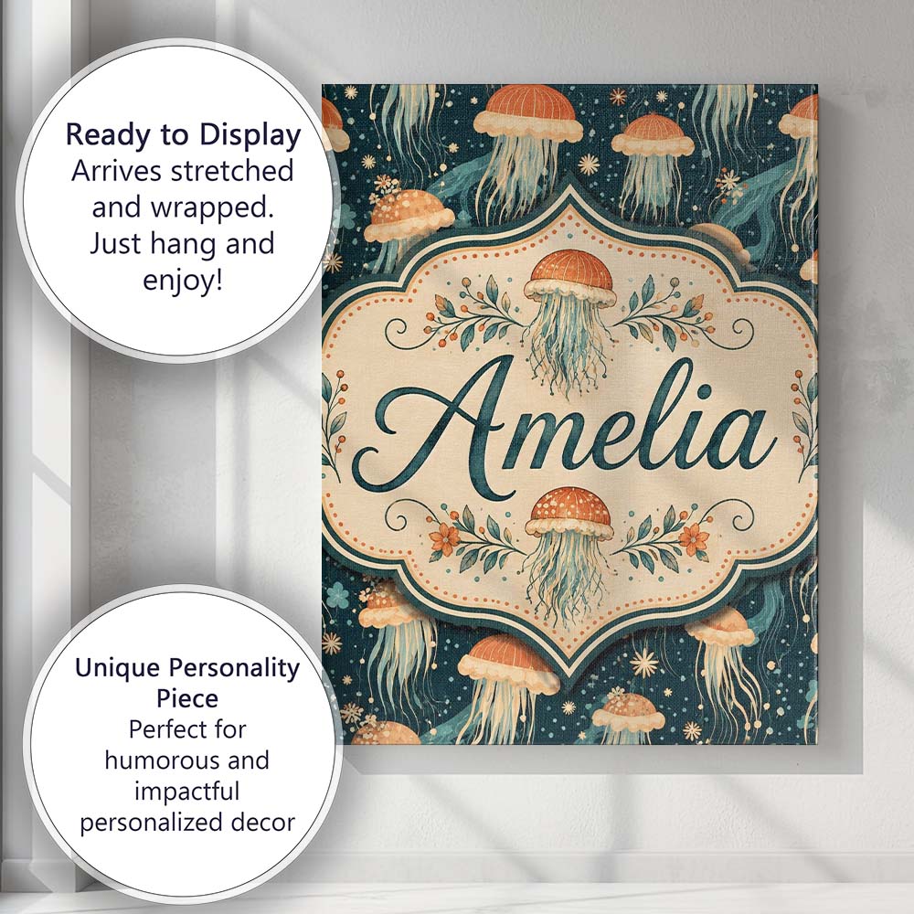 Personalised Name Jellyfish with Flowing Custom  Unique Gift Idea Elegant Feature Canvas Wall Art Print Decor Picture Ready to Hang