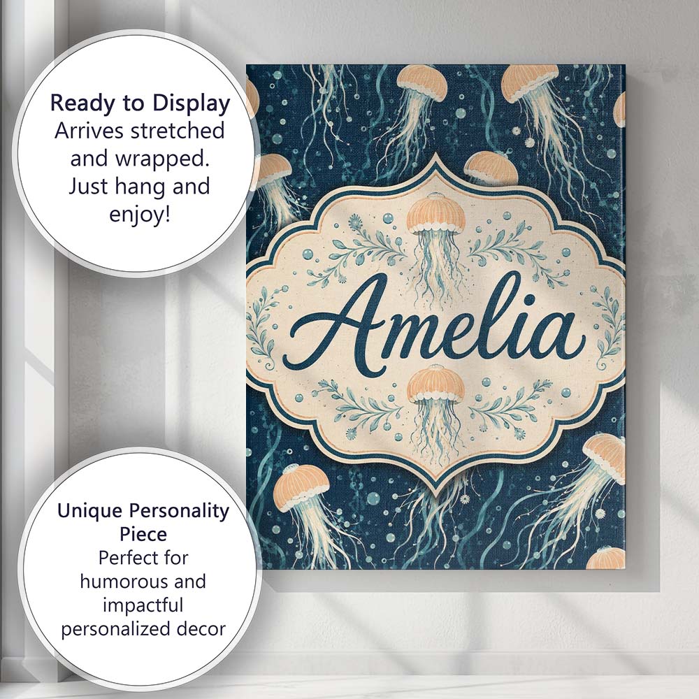 Personalised Name Soft Coral Jellyfish on Custom  Unique Gift Idea Elegant Feature Canvas Wall Art Print Decor Picture Ready to Hang