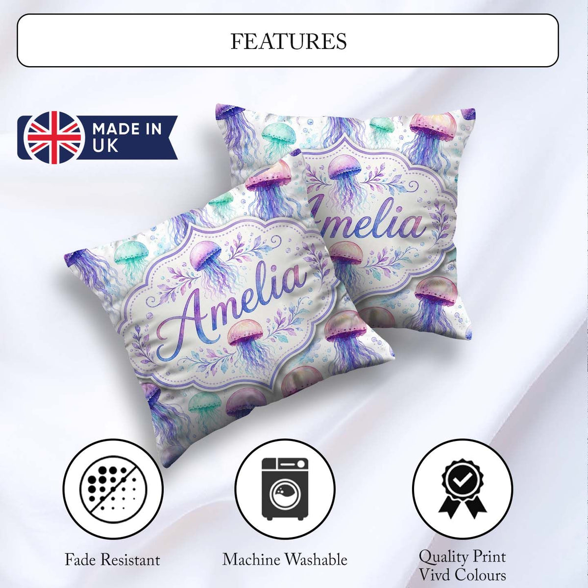 Custom Name Soft Watercolor in Pastel Purple and Seamless Marine Square Filled Cushion Throw Pillow Sofa Bed Home Decor Zip Washable UK Made