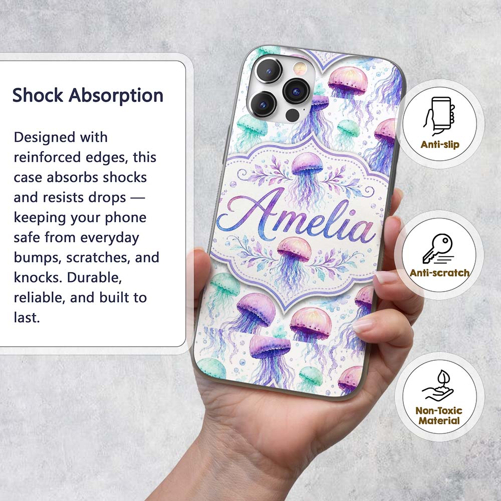 Soft Watercolor Jellyfish in Pastel Purple and Custom Name Protective Phone Case Mobile Cover Durable Everyday Smartphone Shock Resistant