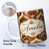 Personalized Custom Name Modern Abstract Rounded Square Pattern in Soft Muted Colors Lovely 11oz Ceramic Coffee Tea Mug White Large Handle