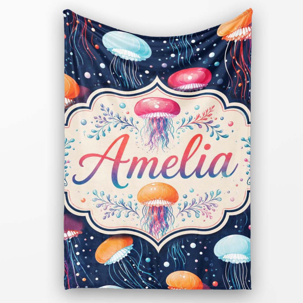 Colorful Cartoon Jellyfish on Dark Navy Background Seamless Fun  Personalised Custom Name Super Soft Fleece Blanket Bed Sofa Throw