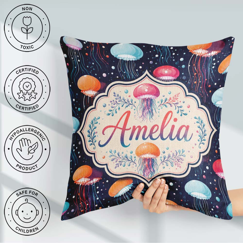 Custom Name Colorful Cartoon Jellyfish on Dark Navy Seamless Fun Square Filled Cushion Throw Pillow Sofa Bed Home Decor Zip Washable UK Made