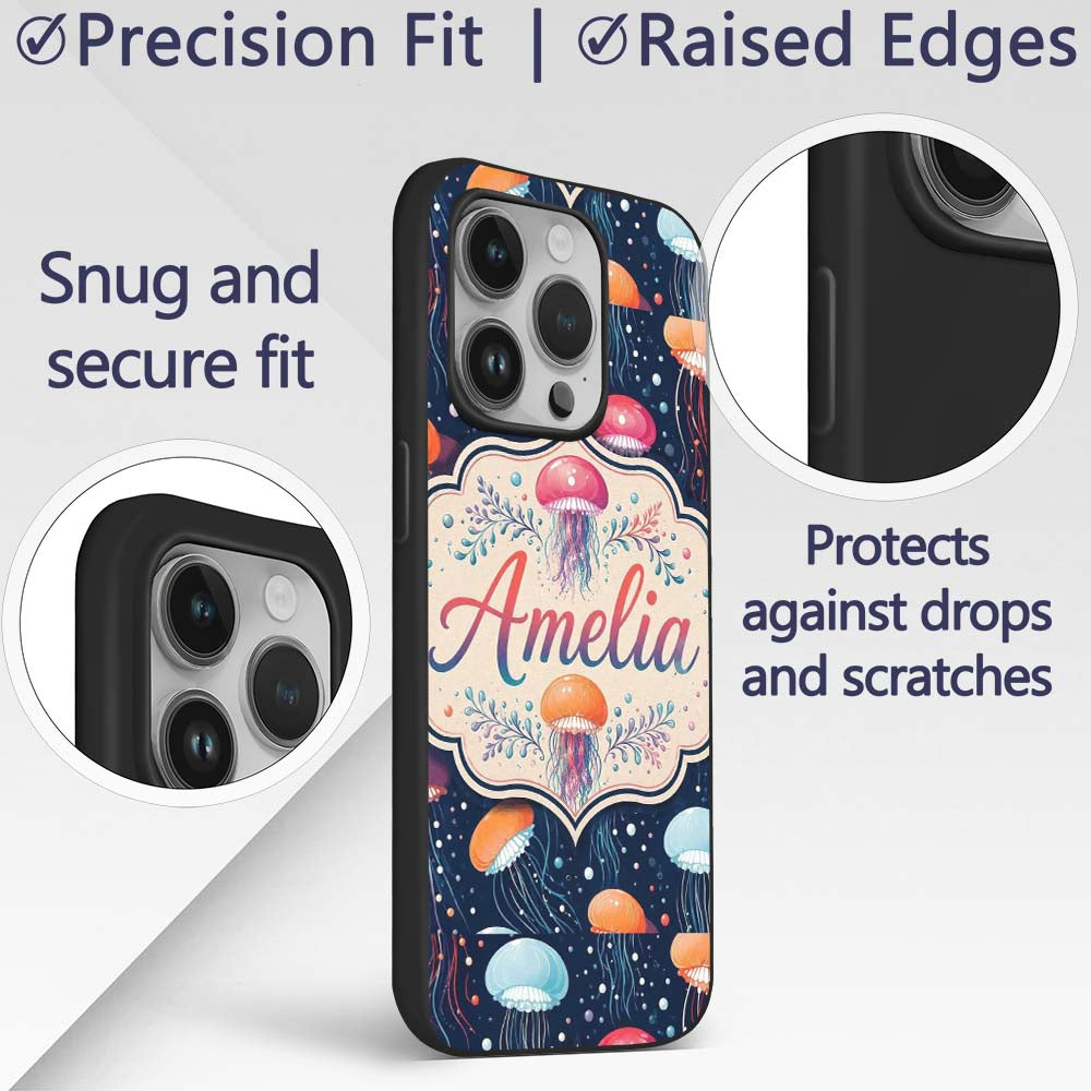 Colorful Cartoon Jellyfish on Dark Printed Design Custom Name Protective Phone Case Mobile Cover Durable Everyday Smartphone Shock Resistant