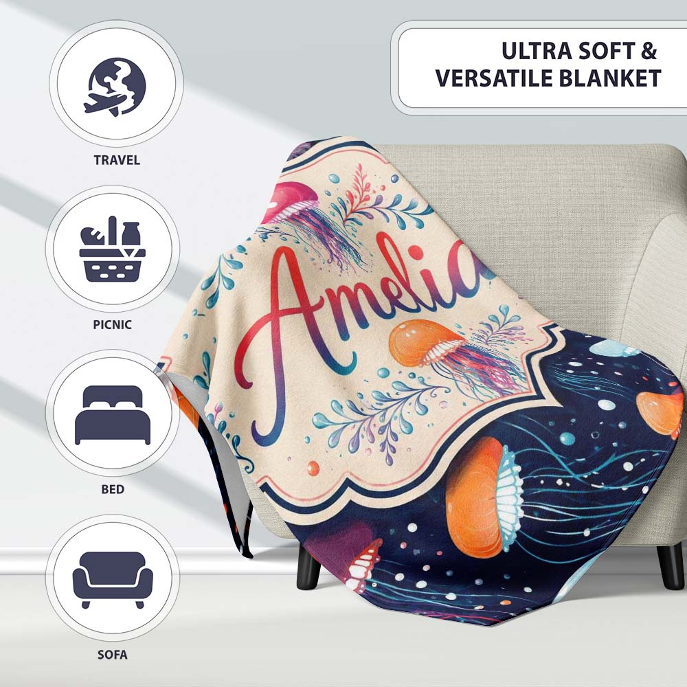 Colorful Cartoon Jellyfish on Dark Navy Background Seamless Fun  Personalised Custom Name Super Soft Fleece Blanket Bed Sofa Throw