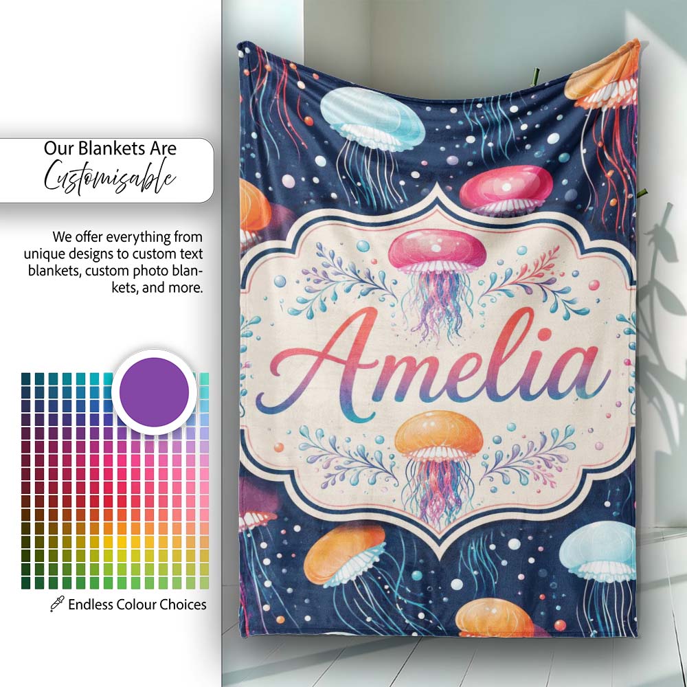 Colorful Cartoon Jellyfish on Dark Navy Background Seamless Fun  Personalised Custom Name Super Soft Fleece Blanket Bed Sofa Throw