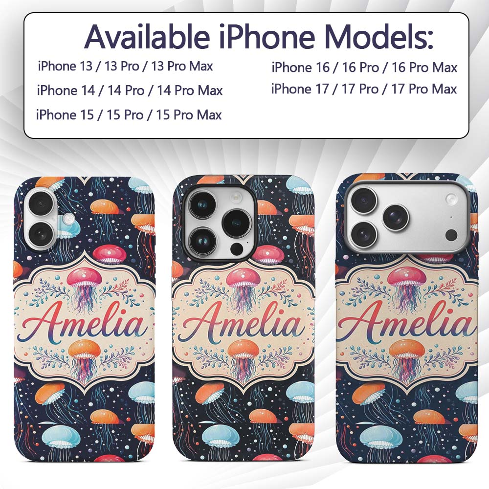Colorful Cartoon Jellyfish on Dark Printed Design Custom Name Protective Phone Case Mobile Cover Durable Everyday Smartphone Shock Resistant