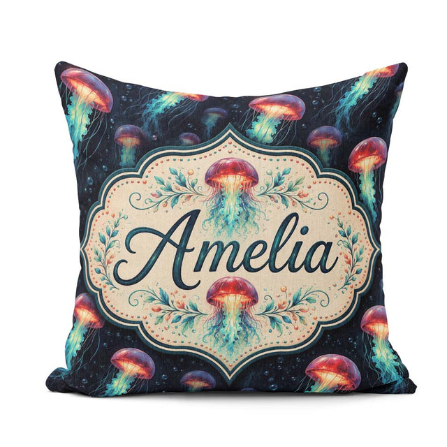 Custom Name Luminous Red Jellyfish Floating in Dark Ocean Marine Square Filled Cushion Throw Pillow Sofa Bed Home Decor Zip Washable UK Made