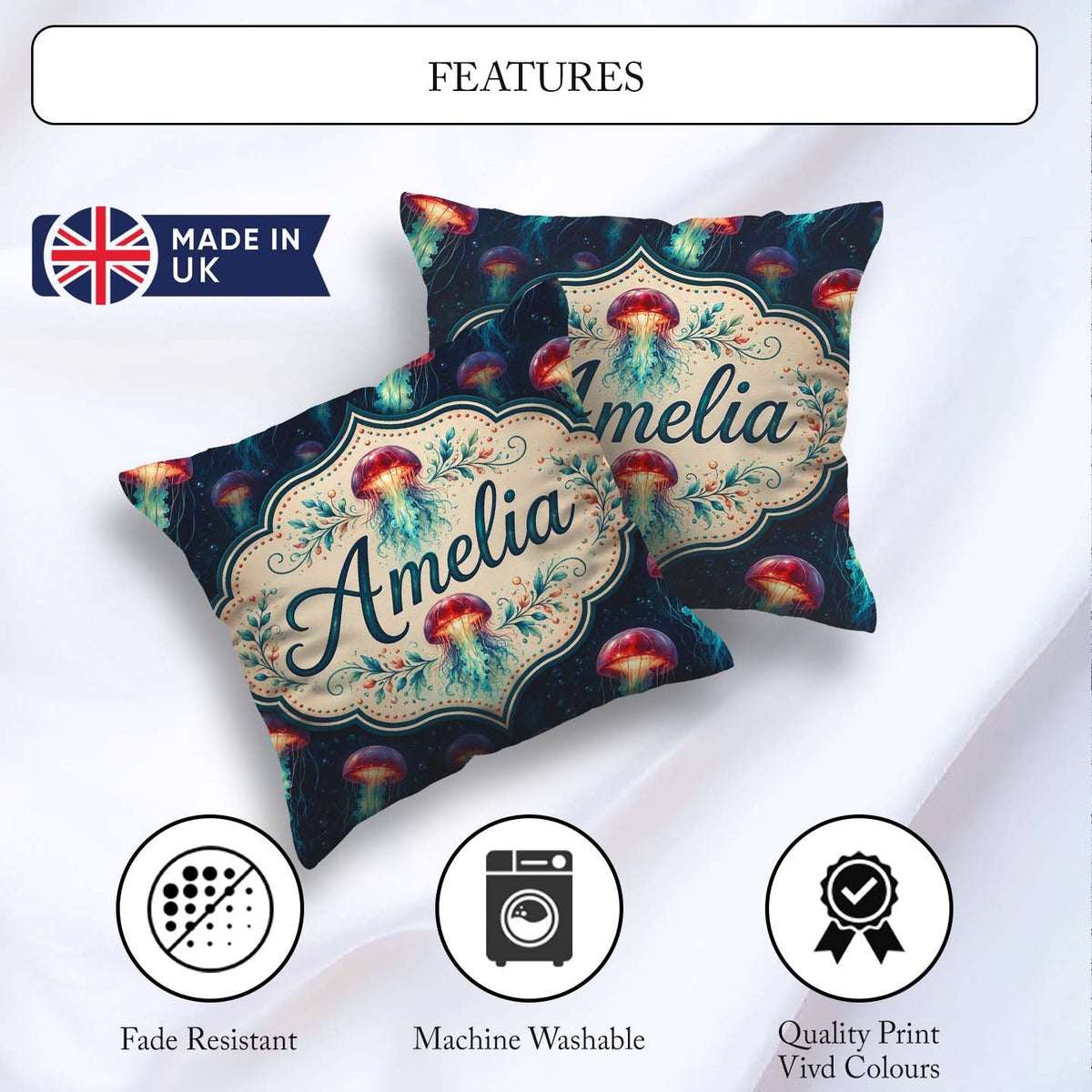 Custom Name Luminous Red Jellyfish Floating in Dark Ocean Marine Square Filled Cushion Throw Pillow Sofa Bed Home Decor Zip Washable UK Made