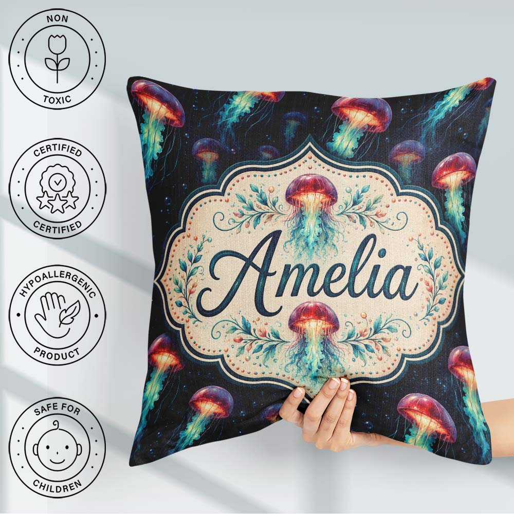 Custom Name Luminous Red Jellyfish Floating in Dark Ocean Marine Square Filled Cushion Throw Pillow Sofa Bed Home Decor Zip Washable UK Made