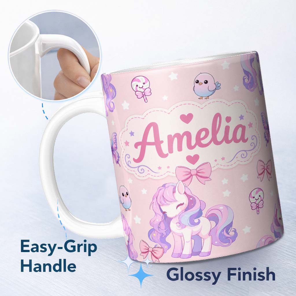Personalized Custom Name Cute Pastel Unicorn Butterfly Candy Stars Blush Background Seamless 11oz Ceramic Coffee Tea Mug White Large Handle