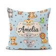 Custom Name Cute Cartoon Safari Animals with Stars on Soft Blue Square Filled Cushion Throw Pillow Sofa Bed Home Decor Zip Washable UK Made