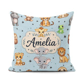 Custom Name Cute Cartoon Safari Animals with Stars on Soft Blue Square Filled Cushion Throw Pillow Sofa Bed Home Decor Zip Washable UK Made