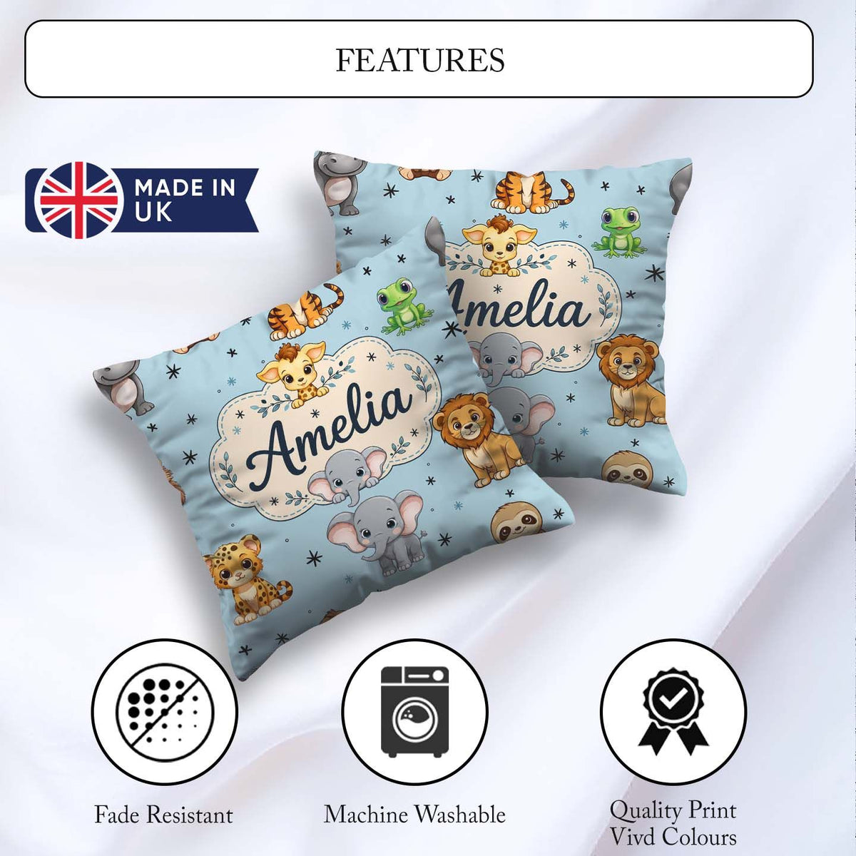 Custom Name Cute Cartoon Safari Animals with Stars on Soft Blue Square Filled Cushion Throw Pillow Sofa Bed Home Decor Zip Washable UK Made