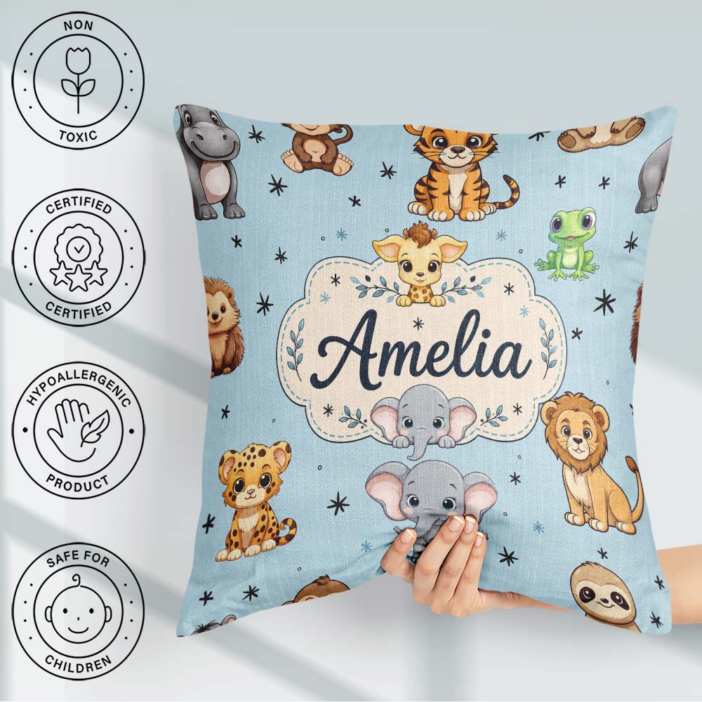 Custom Name Cute Cartoon Safari Animals with Stars on Soft Blue Square Filled Cushion Throw Pillow Sofa Bed Home Decor Zip Washable UK Made