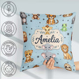 Custom Name Cute Cartoon Safari Animals with Stars on Soft Blue Square Filled Cushion Throw Pillow Sofa Bed Home Decor Zip Washable UK Made