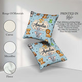 Custom Name Cute Cartoon Safari Animals with Stars on Soft Blue Square Filled Cushion Throw Pillow Sofa Bed Home Decor Zip Washable UK Made