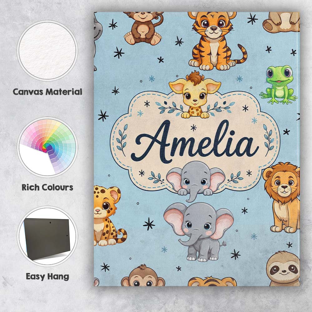 Personalised Name Cute Cartoon Safari Custom Modern Room Accent Creative Decorator Style Canvas Wall Art Print Decor Picture Ready to Hang