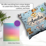 Custom Name Cute Cartoon Safari Animals with Stars on Soft Blue Square Filled Cushion Throw Pillow Sofa Bed Home Decor Zip Washable UK Made