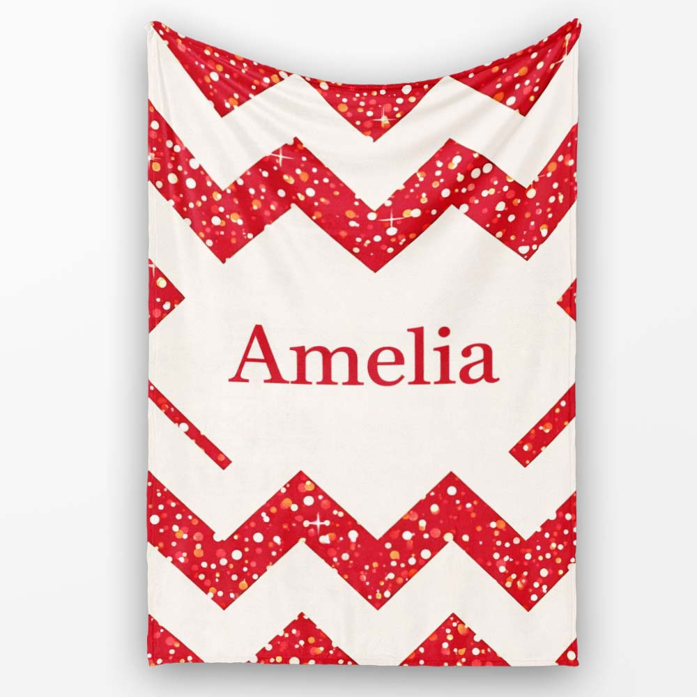 Red Glitter Chevron Pattern Festive Bold Seamless Design Lovely  Personalised Custom Name Super Soft Fleece Blanket Bed Sofa Throw