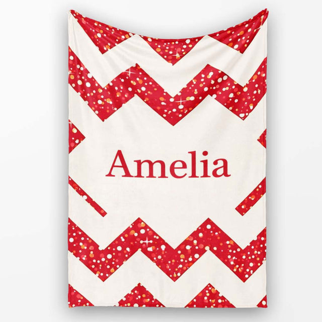 Red Glitter Chevron Pattern Festive Bold Seamless Design Lovely  Personalised Custom Name Super Soft Fleece Blanket Bed Sofa Throw