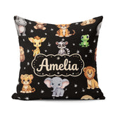 Custom Name Cartoon Safari Animals with Stars on Black Nursery Square Filled Cushion Throw Pillow Sofa Bed Home Decor Zip Washable UK Made