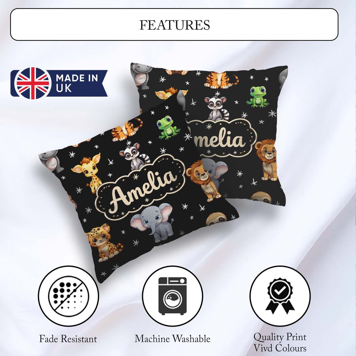 Custom Name Cartoon Safari Animals with Stars on Black Nursery Square Filled Cushion Throw Pillow Sofa Bed Home Decor Zip Washable UK Made