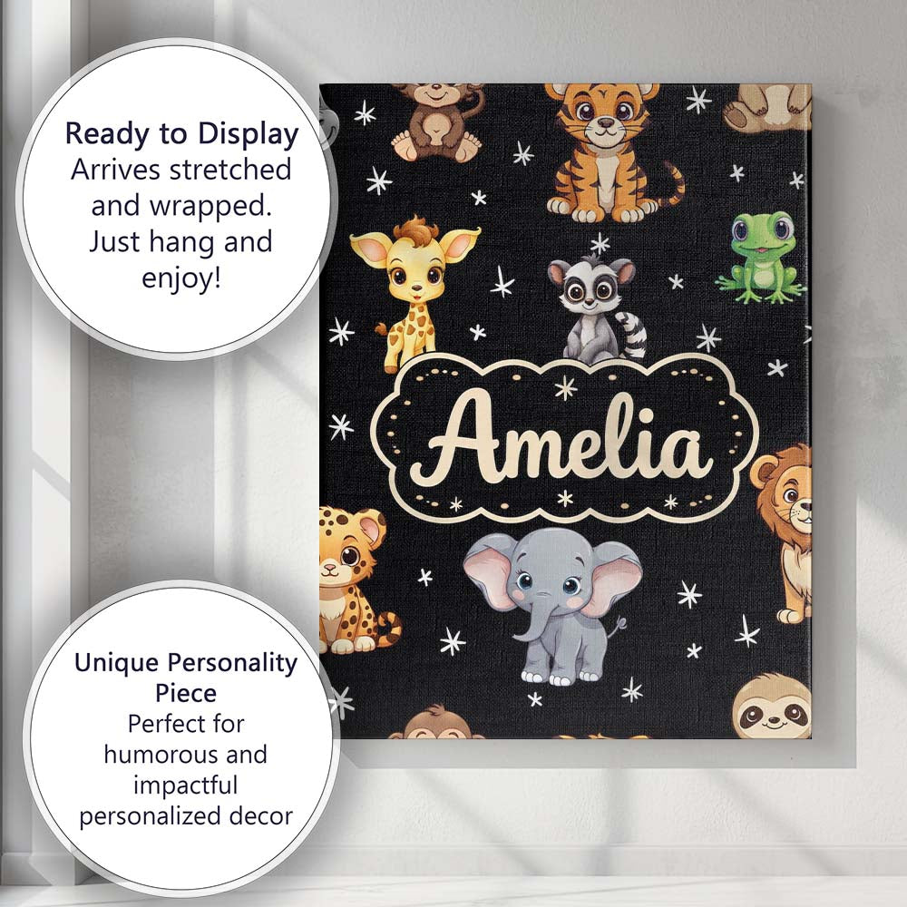 Personalised Name Cute Cartoon Safari Custom Modern Room Accent Creative Decorator Style Canvas Wall Art Print Decor Picture Ready to Hang