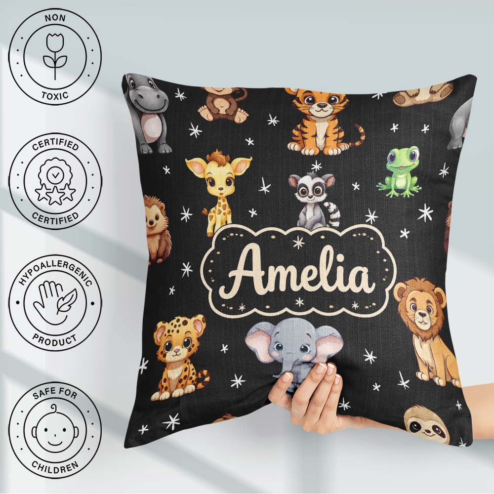 Custom Name Cartoon Safari Animals with Stars on Black Nursery Square Filled Cushion Throw Pillow Sofa Bed Home Decor Zip Washable UK Made