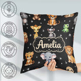Custom Name Cartoon Safari Animals with Stars on Black Nursery Square Filled Cushion Throw Pillow Sofa Bed Home Decor Zip Washable UK Made