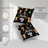 Custom Name Cartoon Safari Animals with Stars on Black Nursery Square Filled Cushion Throw Pillow Sofa Bed Home Decor Zip Washable UK Made