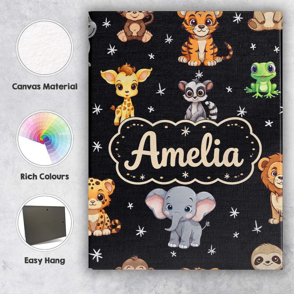 Personalised Name Cute Cartoon Safari Custom Modern Room Accent Creative Decorator Style Canvas Wall Art Print Decor Picture Ready to Hang