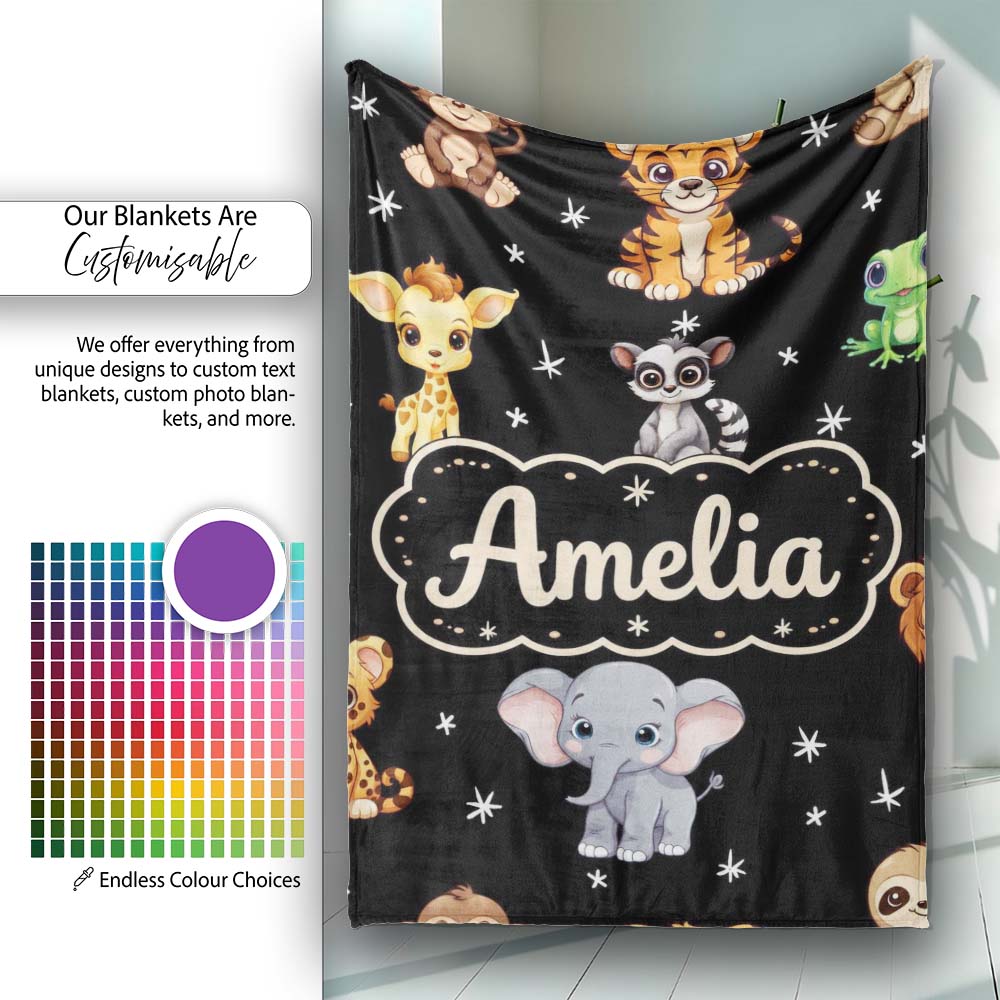 Cute Cartoon Safari Animals with Stars on Black Background Nursery  Personalised Custom Name Super Soft Fleece Blanket Bed Sofa Throw