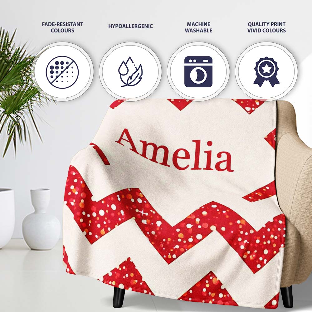 Red Glitter Chevron Pattern Festive Bold Seamless Design Lovely  Personalised Custom Name Super Soft Fleece Blanket Bed Sofa Throw