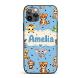 Cute Cartoon Safari Animals with Stars on Blue Custom Name Protective Phone Case Mobile Cover Durable Everyday Smartphone Shock Resistant