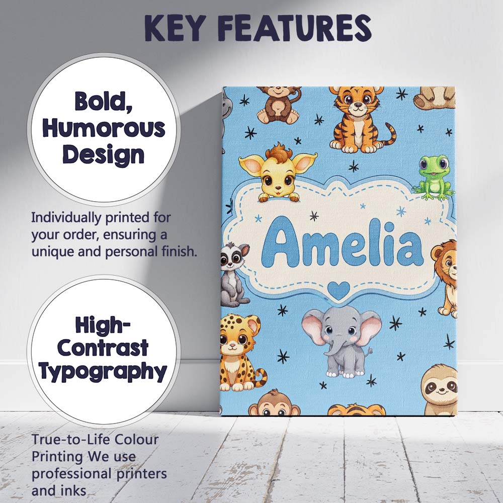 Personalised Name Cute Cartoon Safari Custom Modern Room Accent Creative Decorator Style Canvas Wall Art Print Decor Picture Ready to Hang