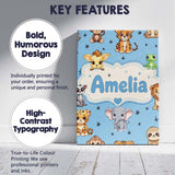 Personalised Name Cute Cartoon Safari Custom Modern Room Accent Creative Decorator Style Canvas Wall Art Print Decor Picture Ready to Hang