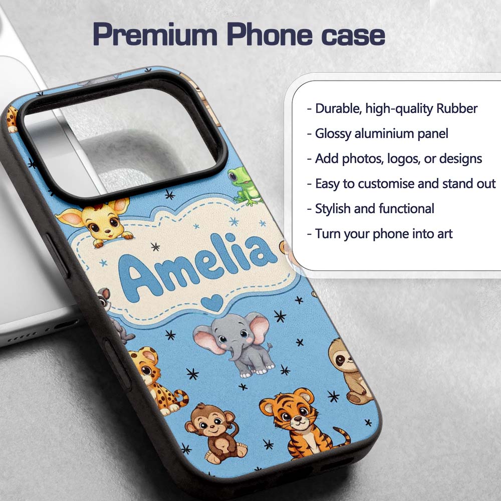 Cute Cartoon Safari Animals with Stars on Blue Custom Name Protective Phone Case Mobile Cover Durable Everyday Smartphone Shock Resistant